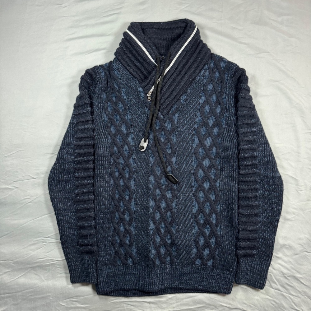 Vercini Cable Knit Shawl Collar Sweater Zip Mens L Navy Blue Cozy Winter Rustic